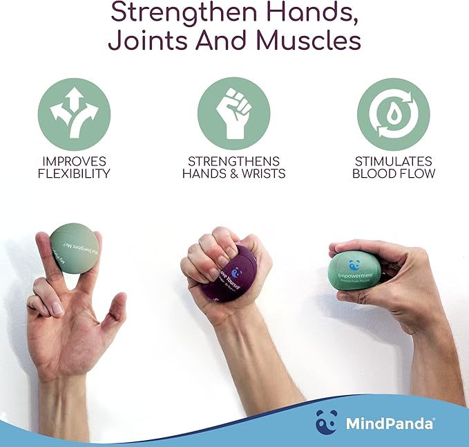 Mind & Body Stress Balls for Adults - Triple Density Squeeze Balls for Hand Therapy & Grip Strengthening - Stress & Anxiety Relief - Physical Therapy Support - Soft, Medium, Hard Gel Core
