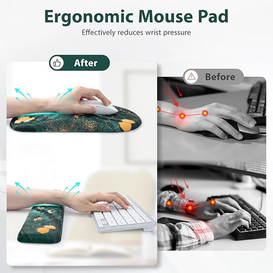 3 in 1 Ergonomic Mousepad and Keyboard Wrist Rest, Mouse Pad with Wrist Support Massage Design, Keyboard Wrist Rest and Mouse Pad Set for Home Office (Green Bee)