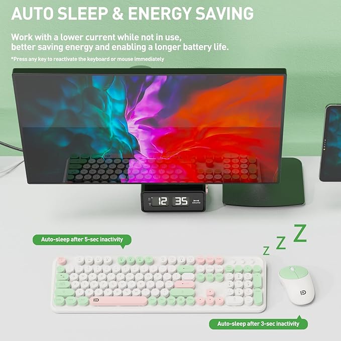 Wireless Keyboards Mouse Combos, Colorful Cute Typewriter Full-Size Retro Round Creamy Keyboard, 2.4GHz Sleep Mode Office Wireless Keyboard and Mouse Set for Desktop Laptop PC Computer