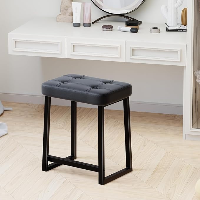 Vanity Stool Chair, Makeup Stool for Vanity,Small Ottoman Footrest for Bathroom, Bedroom, Living Room, Entryway, Offices,Leather &Metal Legs with Anti-Slip Feet, Black