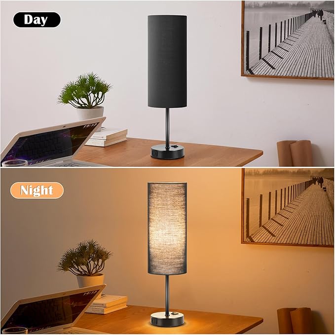 ZJOJO Table Lamp for Bedroom 2 Pack,18in Bedside Lamps with 3 Way Dimmable Rocker Switch & AC Outlet,Nightstand Desk Lamp with Black Fabric Shade Black Base for Living Room Home Decor Lights