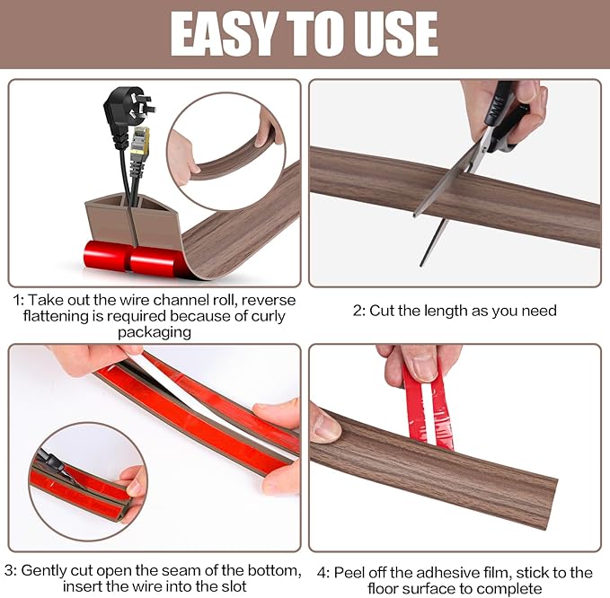 Floor Cord Cover Self Adhesive Cord Hider,10FT Cable Management, Extension Strip Protector for Wires, Prevent Cable Trips for Offices, Gyms, Exhibitions Cavity:0.51"(W) x 0.3"(H) Wood Walnut