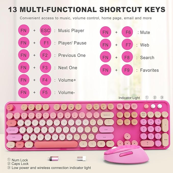 Wireless Keyboard and Mouse Combo, Ergonomic Full Size Typewriter Retro Round Keycaps Keyboard, Compatible with Windows, PC, Perfer for Home and Office Keyboards (Red)