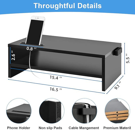 Marbrasse Monitor Stand Riser, 16.5 Inch 2 Tier Computer Printer Shelf Stand for Laptop Computer Screen Storage, Desktop Stand with Phone Holder and Cable Management Black