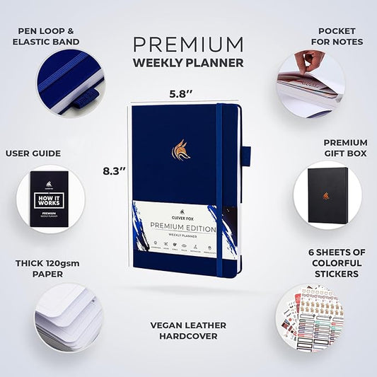 Clever Fox Planner Premium Edition – Undated Luxurious Weekly & Monthly Planner to Increase Productivity and Hit Your Goals – Organizer – Start Anytime, A5, Lasts 1 Year, Navy Blue (Weekly)