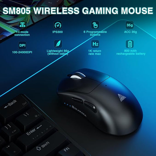 SM805 Lightweight Wireless Gaming Mouse,24000 DPI,Tri-Modes Connection,BT5.0/Type-C Wired/2.4G Wireless Mouse Gaming with 2 Side Buttons, Engineering Grip Custom Mouse for Gamer,Black