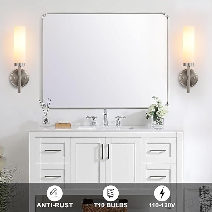 Wall Sconces Set of Two,Brushed Nickel Bathroom Sconces Wall Lighting with White Glass, Modern Sconces Wall Decor Set of 2 Wall Light fixtures for Bathroom Mirror Living Room Hallway Bedroom Wall Lamp