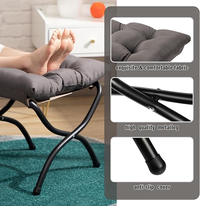 AbocoFur 15"(H) Folding Footrest Stool, Accent Padded Sofa Foot Stool for Lazy Chair, Upholstered Small Foldable Ottoman, Metal Frame Portable Foot Rest Ottoman for Lazy Chair, Bedroom, Dark Grey