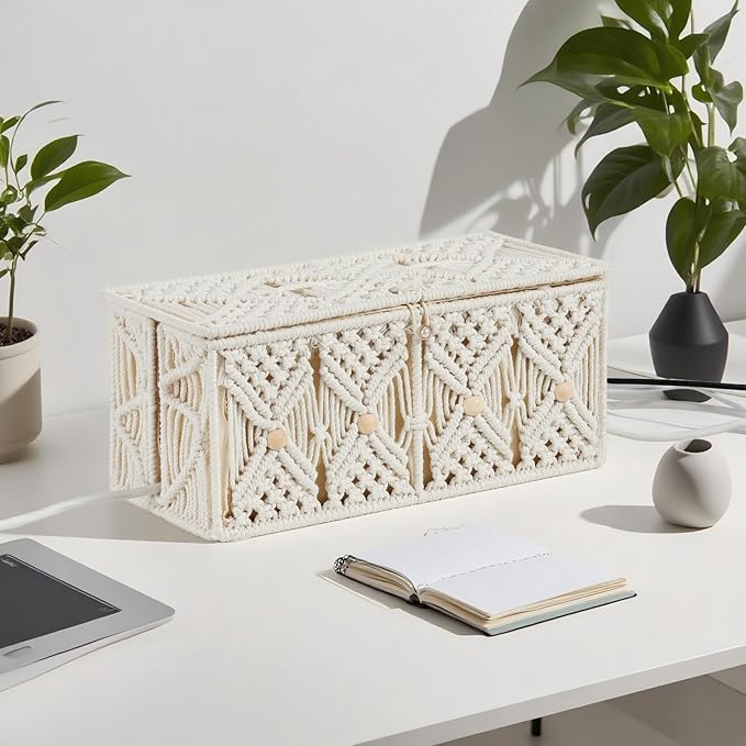 Cable Management Box Handmade Macrame Cord Storage Organizer Power Strips Outlet Router Adapter TV Wire Hider Cover Under Desk Natural Cotton Rope Woven Boxes with Lid (Off White, Large)
