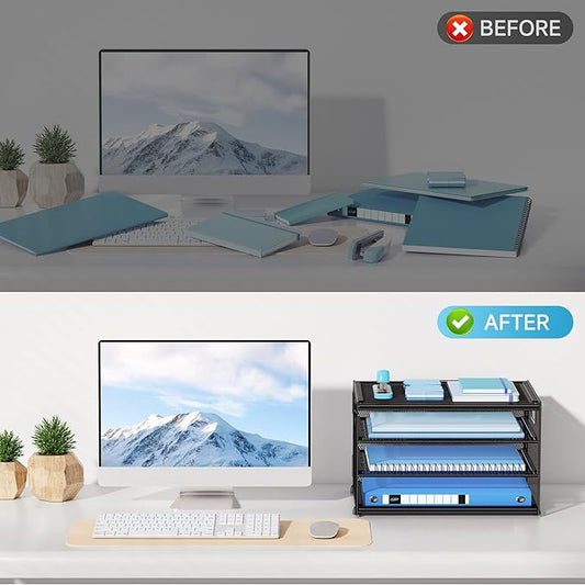 Lavatino 3-Tier Letter Tray Desk Organizer, Mesh Metal Paper File Tray Organizer for Desk, Office Supplies & Home Organization, Fits A4 Paper, Mail, Magazines & Office Accessories (Black with Handle)