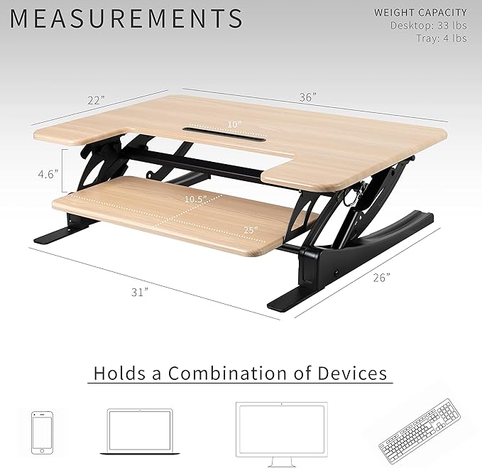 VIVO 36 inch Height Adjustable Stand Up Desk Converter, V Series, Quick Sit to Stand Tabletop Dual Monitor Riser Workstation, Light Wood Top, Black Frame, DESK-V000VO