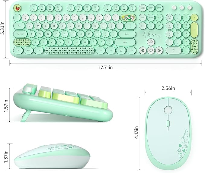 KNOWSQT Wireless Keyboard and Mouse Combo - Lovely Green Rainbow Full-Sized Typewriter Colorful Keyboards, Round Keycap USB Plug Play Retro Cute Keyboards for Windows, Laptop, PC, Desktop, Computer