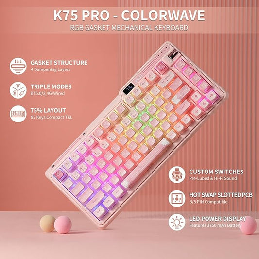 K75 PRO RGB 75% Wireless Gasket Mechanical Keyboard, Triple Mode BT 5.0/2.4G/USB-C 82 Keys Hot Swappable Gaming Keyboard w/Knob & Power Display, Custom Linear Switches, Sakura Pink