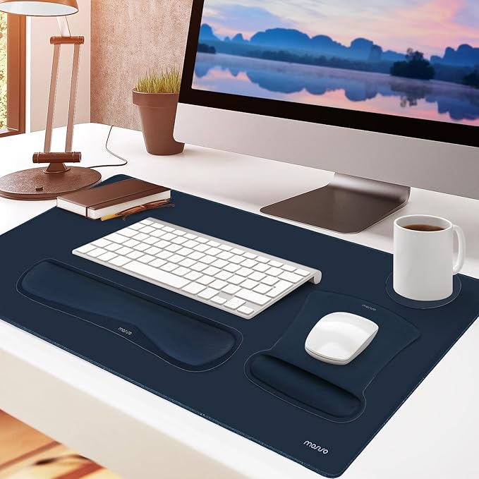 MOSISO Keyboard Mouse Pad Set, Large Gaming Mousepad&Keyboard Wrist Rest&Mouse Wrist Rest&Coaster, Ergonomic Non-Slip Mousepad&Easy Typing Cushion with Memory Foam for Home Office, Haze Blue