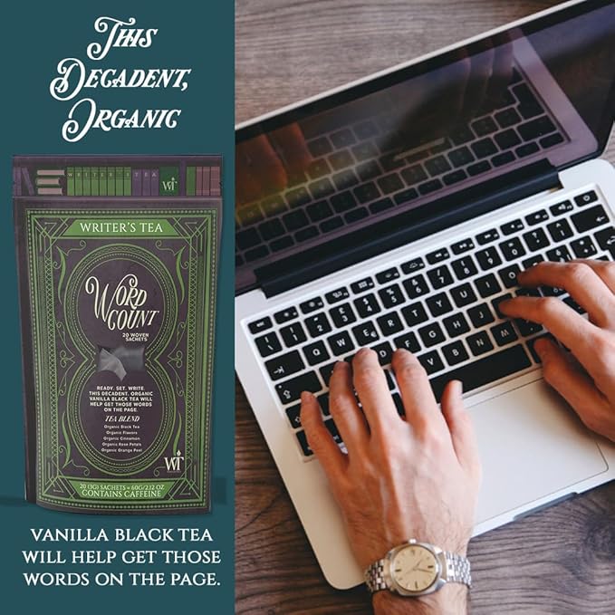 Writer's Tea Word Count - Energy Tea - Black Tea, Flavoring, Cinnamon, Rose Petals, and Orange Peel Tea Blend - Contains Caffeine - 20 Woven Sachets