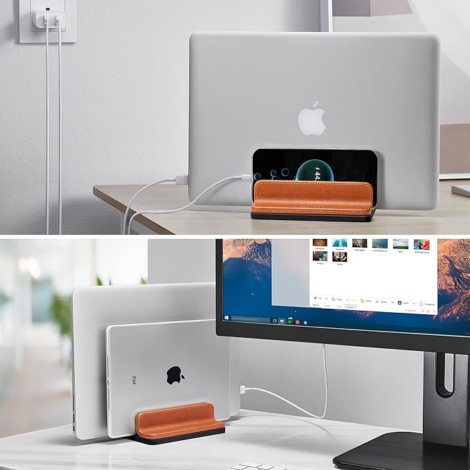 Leather Vertical Laptop Stand,Dual Laptop Holder Stand,Laptop Organizer with Adjustable Dock (18-26mm/0.7-1 in) for All MacBook/Tablet/Surface/Dell/iPad (Brown)