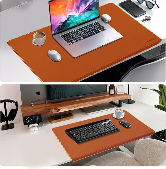 Desk Mat with Lip & Reinforced Stitched Edge|Non-Slip Waterproof PU Leather Desk Pad|Ergonomic Keyboard Mouse Pad with Edge Protector|for Office, Home, Study(23.6" x 16.5",Brown)