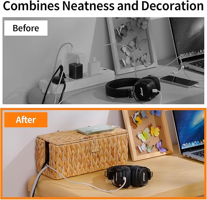 Cable Management Box,Hand-Woven Water Hyacinth Decorative Cord Organizer,2 Side Open Slots Wicker Cable Box to Hide Cords and Power Strip,for Desk, Floor, Office,2 Pack