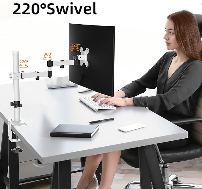 Bracwiser Monitor Mount Single Fully Adjustable Arm Monitor Arm Fits One Screen 13-32 inch 22lbs for Monitor Computer Screen 13 15 17 19 20 22 23 24 26 27 30 32 inch VESA 75 100, White(MD7421W)