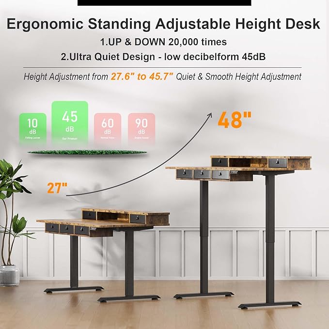 XINYAO Electric Standing Desk with 5 Drawers, 55x30 Inch Extra Wide Height Adjustable Sit Stand Up Desk with Storage Support 290lbs Ergonomic Rising Table with Wheels for Home Office
