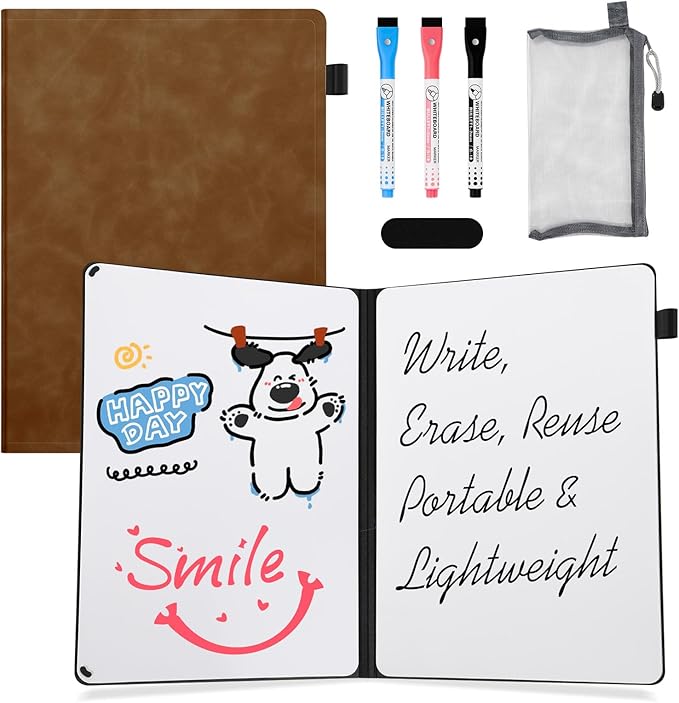 AGM Portable White Board Dry Erase Notebook, 12" x 9" Double Sided Folding Whiteboards with 3 Pens, Small Travel Dry Erase Board Skin-Friendly Material for Study, Meeting, Planning, Brown