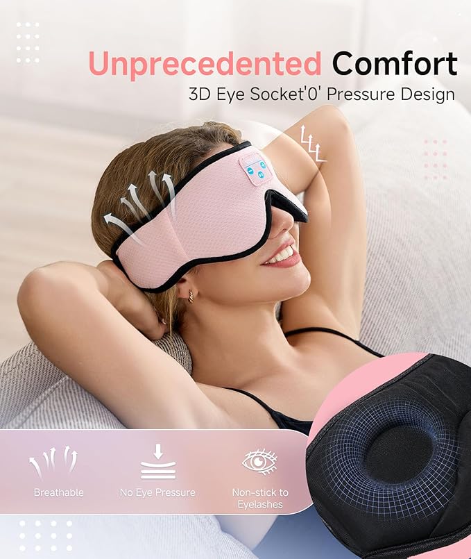 Voerou Sleep Headphones, 3D Wireless Bluetooth Eye Mask, Sleeping Headphones Earbuds for Side Sleepers with Ultra-Thin Stereo Speakers, Suitable for Sleep Office Nap Travel Meditation Cool Gadgets