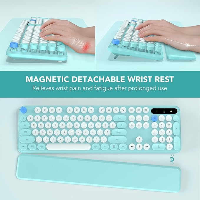 Wireless Keyboard, Round Keycaps, Retro Typewriter Keyboard with Detachable Wrist Rest, Sleep Mode, Foldable Legs, 2.4GHz Full-size Cordless Computer Keyboard for Windows/PC/Laptop (Robin Egg Blue)