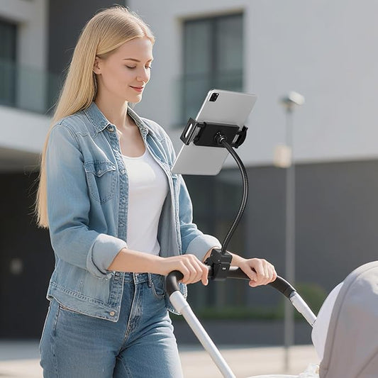 Gooseneck Tablet Holder, iPad Holder for Stroller/Treadmill/Golf Cart/Boat/Mic Stand/Wheelchair/Gym Bicycle Handlebar Clamp, Compatible with 4.7-12.9" Tablets and Phones,Galaxy, E-Readers