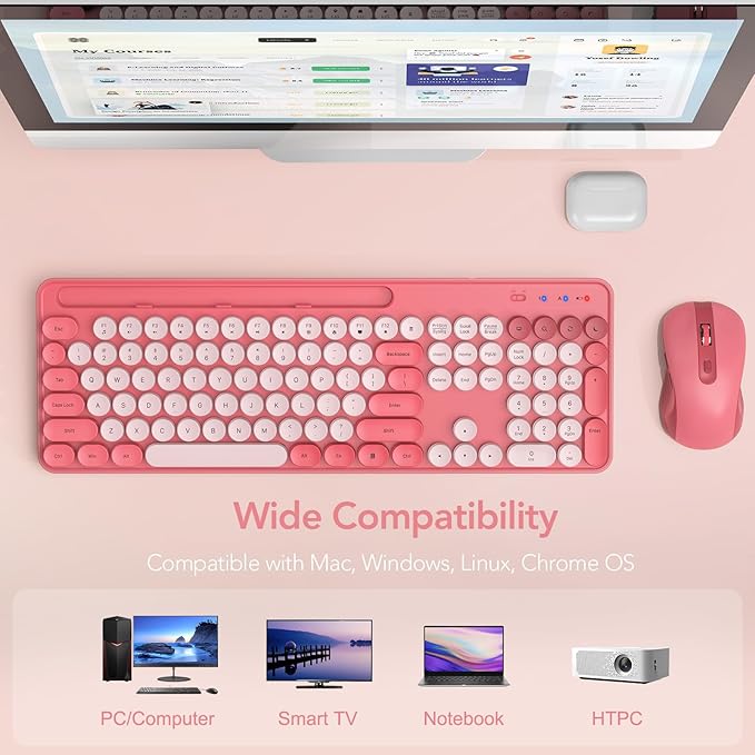 Wireless Keyboard and Mouse Combo, Retro Round Keycap Typewriter Keyboard with Phone/Tablet Holder, Cute Colorful Keyboard for Computer/Laptop/Windows by SABLUTE (Pink)