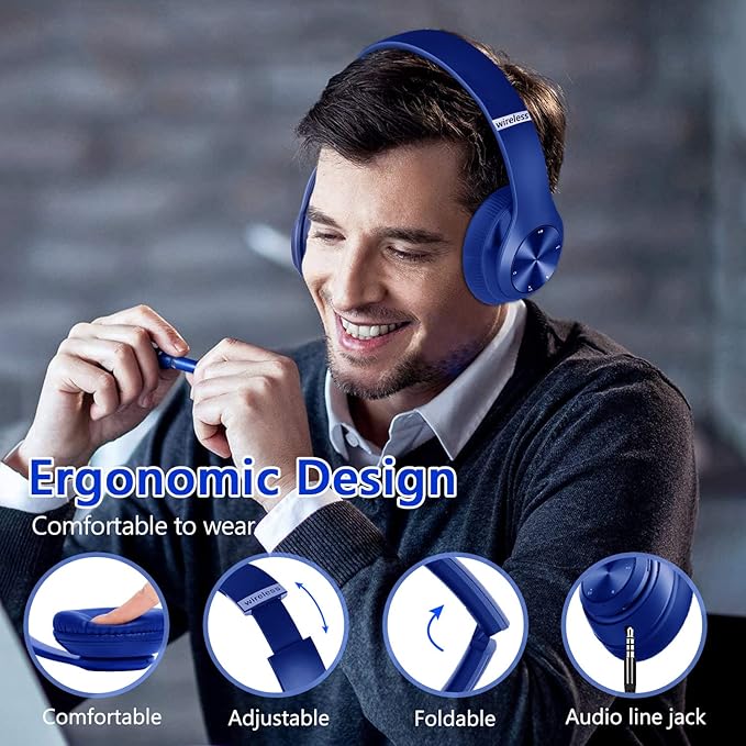 9S Wireless Over-Ear Bluetooth Headphones, 60 Hours Playtime, Hi-Fi Stereo, 6 EQ Modes, Built-in Microphone, Foldable Design, Blue