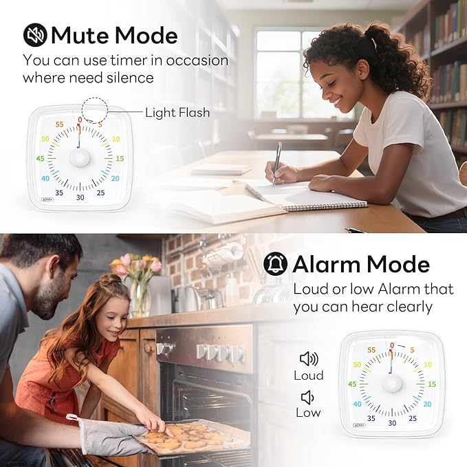 Yunbaoit Visual Timer with Night Light, 60-Minute Rainbow Countdown Timer for Kids and Adults, Time Management Tool for Home, School, Kitchen, or Office (White)