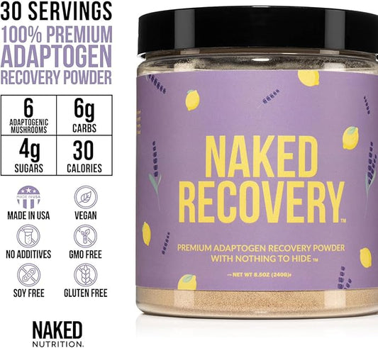 NAKED Recovery - Mushroom Supplement Powder - Lions Mane, Cordyceps, Reishi, Tart Cherries, Lemon Balm - Adaptogen Wellness Formula, Stress Relief, Muscle Recovery - 30 Servings