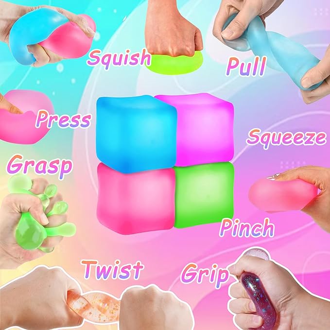 4Pcs Stress Cube Squishy Toys, Slow Rising Ice Cube Stress Balls, Sensory Fidget Toys for Anxiety Relief, Sensory Ice Nee Cube Gel Filled Squishy Ball Toys for Kids Adults(Green, Blue, Purple, Pink)