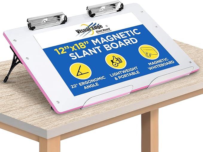 Slant Board for Writing - Adjustable Magnetic Whiteboard & 22° Angle Ergonomic Desk for Reading, Writing, & Drawing for Students, Teachers – Ideal for Posture, Study, & Orientation – Pink