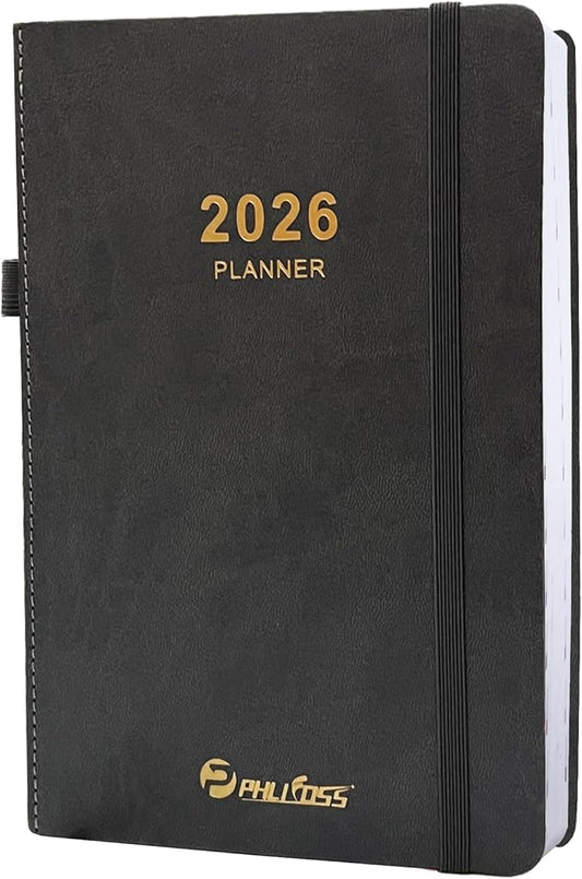 2026 Daily Planner/Calendar, One Page Per Day, Daily Monthly Agenda Planner with Time Slots, Jan - Dec 2026, 5.7" x 8.25" Appointment Book, Pen Holder, Leather Cover (2026-Dark Grey Blue)
