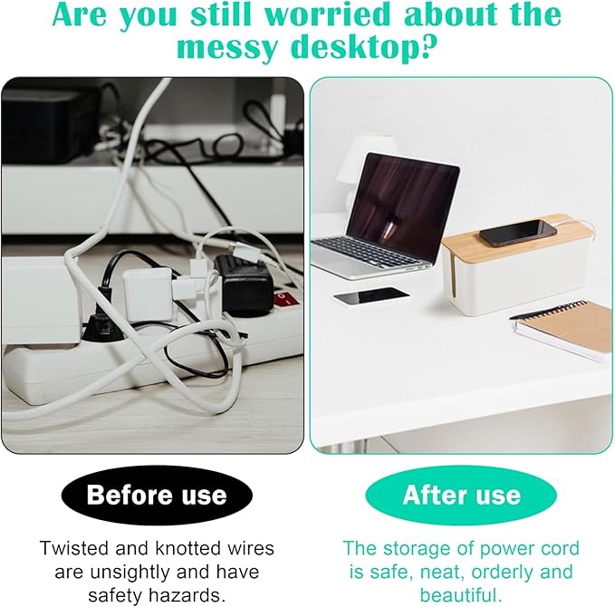 Cable Tidy Box White Cable Box with Bamboo Lid Cable Organiser Cable Management Box for Hiding Cables and Plugs