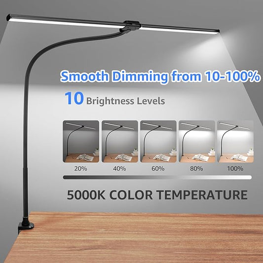 ShineTech LED Desk Lamp for Home Office, 5000K Bright Double Head Architect Task Lamps with Clamp, Dimmable Adjustable Flexible Gooseneck, Black