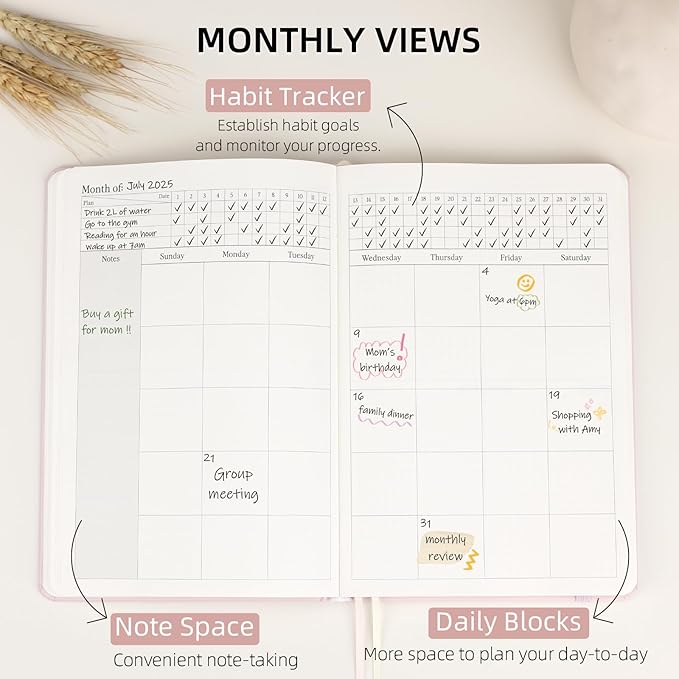 2025-2026 Planner - Undated Monthly, Weekly & Daily Planner for Planning Your Success - To Do List, Habit Tracker, Hardcover, Aesthetic, Stylish School or Office Supplies (Pink, A5)