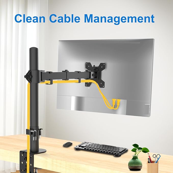 H&C(hcck&Cllassp) Single Monitor Mount, Desk Mount with Swivel, Tilt, Rotation, Height Adjustable, VESA Mount for 17-27” Monitors up to 17.6 lbs, Monitor Stand with C-Clamp, Black