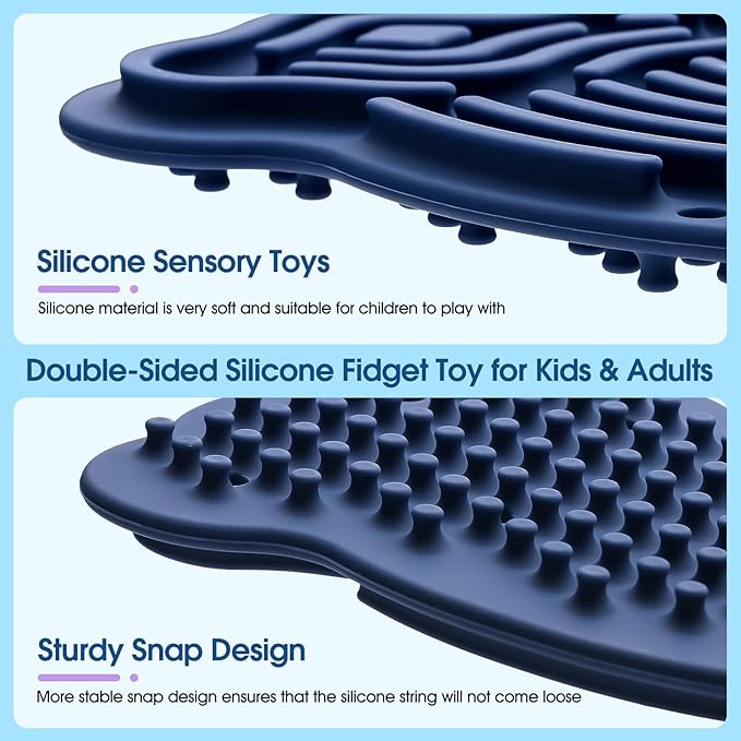 Sensory Activity Board Silicone Fidget Toy, Double-Sided Rainbow Sensory Toys for Autism, Stress, Anxiety, ADHD, Kids 3+& Adults, Includes Travel Bag & 12 Strings, Dark Blue