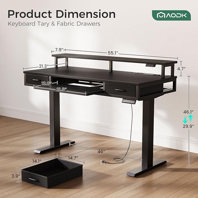 AODK Electric Standing Desk with Drawers & Keyboard Tray, 55 Inch Height Adjustable Desk with Power Outlets & LED Lights, Sit Stand Table with Monitor Stand for Home, Office, Black