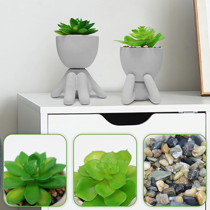 Zerzsy 2PCS Cute Artificial Succulent Plants with Creative Human Shaped Pots, Desk Decoration Artificial Plants Indoor for Home and Office Decor(Cement Gray)