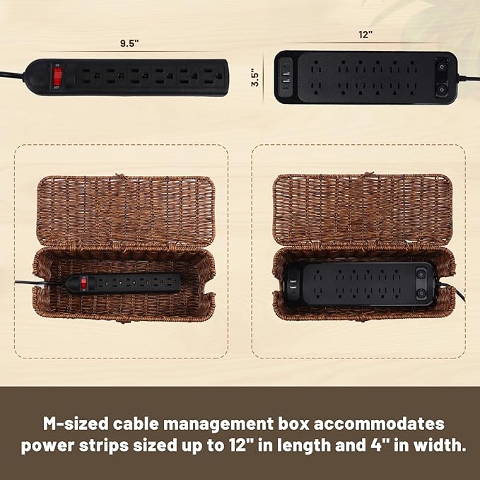 BROWNLILY Cable Management Box, Rattan Style Cord Organizer for Desk Cord Hider Outlet Covers Baby Proofing for Power Strip TV PC Router Charger Under Desk Storage with Lockable Lid and Cable Ties
