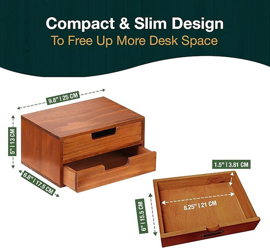Double Drawer Desktop Storage Organizer in a Modern Wood Design (9.8”x6.9”x 5.1”) 2-Drawer Stackable Drawer Unit - Wood Monitor Riser (1-Pack)
