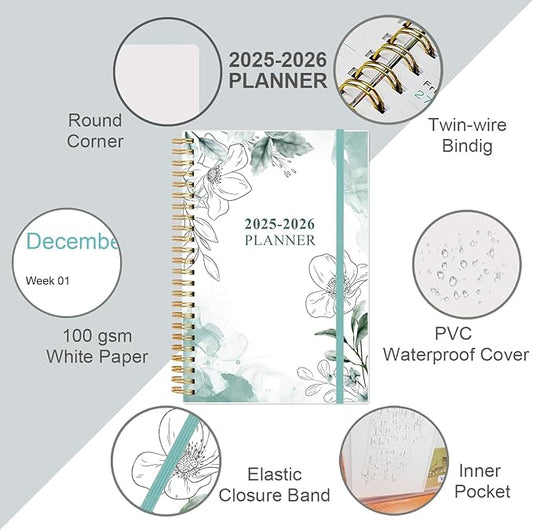 2025-2026 Planner - 18 Months Weekly & Monthly Planner from July 2025 - December 2026, Spiral Planner 2025-2026 with Elastic Closure, Inner Pocket, Medium 5.8" x 8.3", Teal Flower