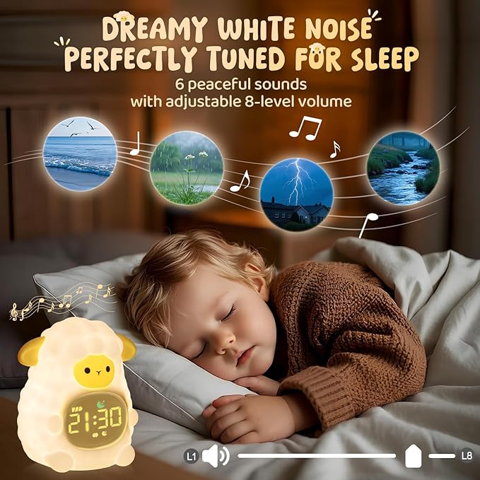 Sheep Alarm Clock with Night Light for Kids with Sleep Training and Sound Machine, Rechargeable Silicone Lamp OK to Wake Clock,Cute Animal Tabletop Lamp, Perfect Sleep Companion for Boys Girls