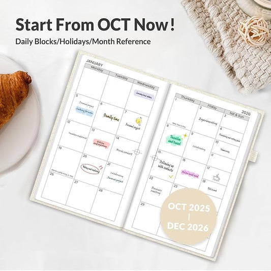 SUNEE 2026 Pocket Weekly Planner for Purse 3.5" x 6" - 12 Month (January 2026 - December 2026), Small Size Planner, Hardcover, Notes, Pocket, 100 GSM Paper, Beige