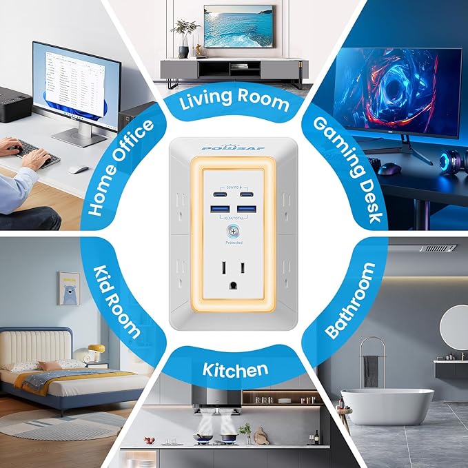 Multi Plug Outlet Surge Protector - POWSAF 5 Outlet Extender with 4 USB Ports(2 USB-C PD 20W) and Night Light, 3-Sided Power Strip with Adapter Spaced Outlets - ETL, White