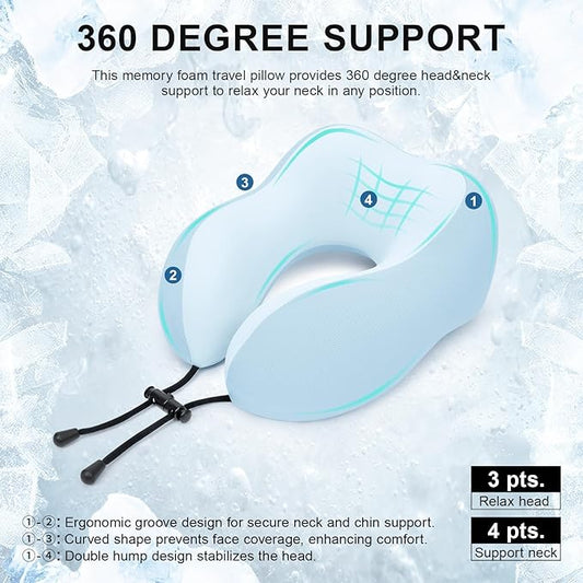 Travel Pillow for Airplane Memory Foam Neck Pillow, Soft & Support Travel Pillow with Storage Bag for Travelling, Sleeping Rest, Car, Train and Home Use (Blue)