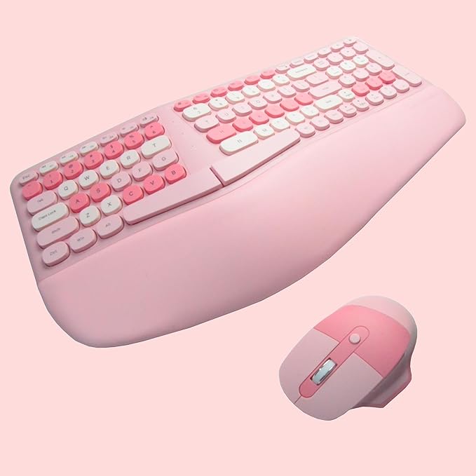 Wireless Ergonomic Keyboard and Mouse Combo with PU Wrist Rest, Carpal Tunnel Keyboard, 2.4G Colorful Split Ergo Keyboard, Comfortable Natural Typing, Compatible with PC/Laptop (Pink)